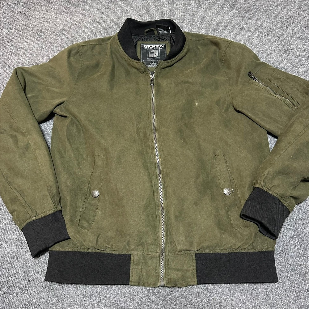 Mens Olive Green Faux Suede Bomber Jacket Size Large Military Style Distortion